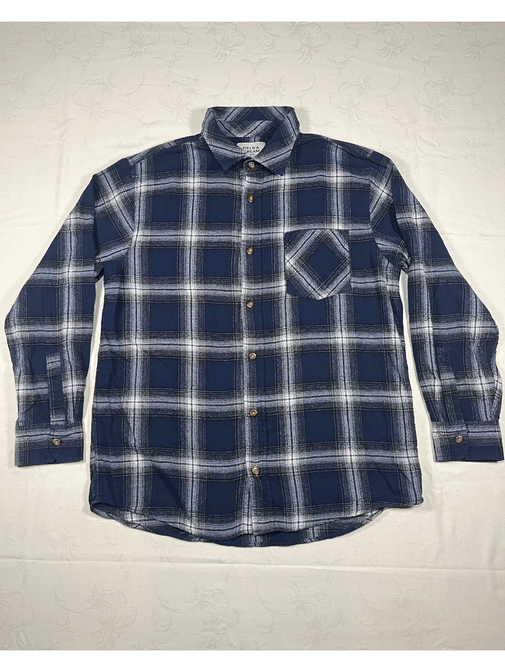 Field and Stream Lightweight Flannel Blue White Plaid Size Mens Large